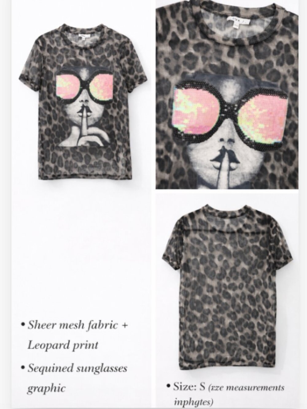 Leopard Mesh Sheer Top Sequin Sunglasses Graphic Y2K Club Tee Size S New